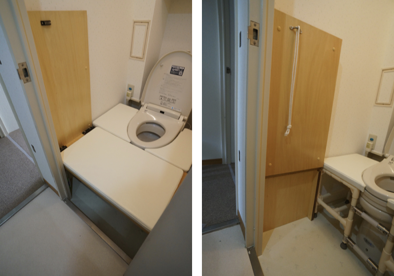 跳上げ式の移乗台で、家族で共用できるお座敷トイレ